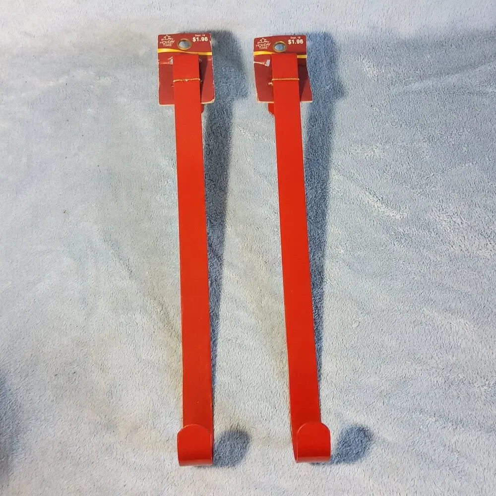 Vintage Holiday Time Over The Door Wreath Hanger Red Metal 14 Inch Set of 2